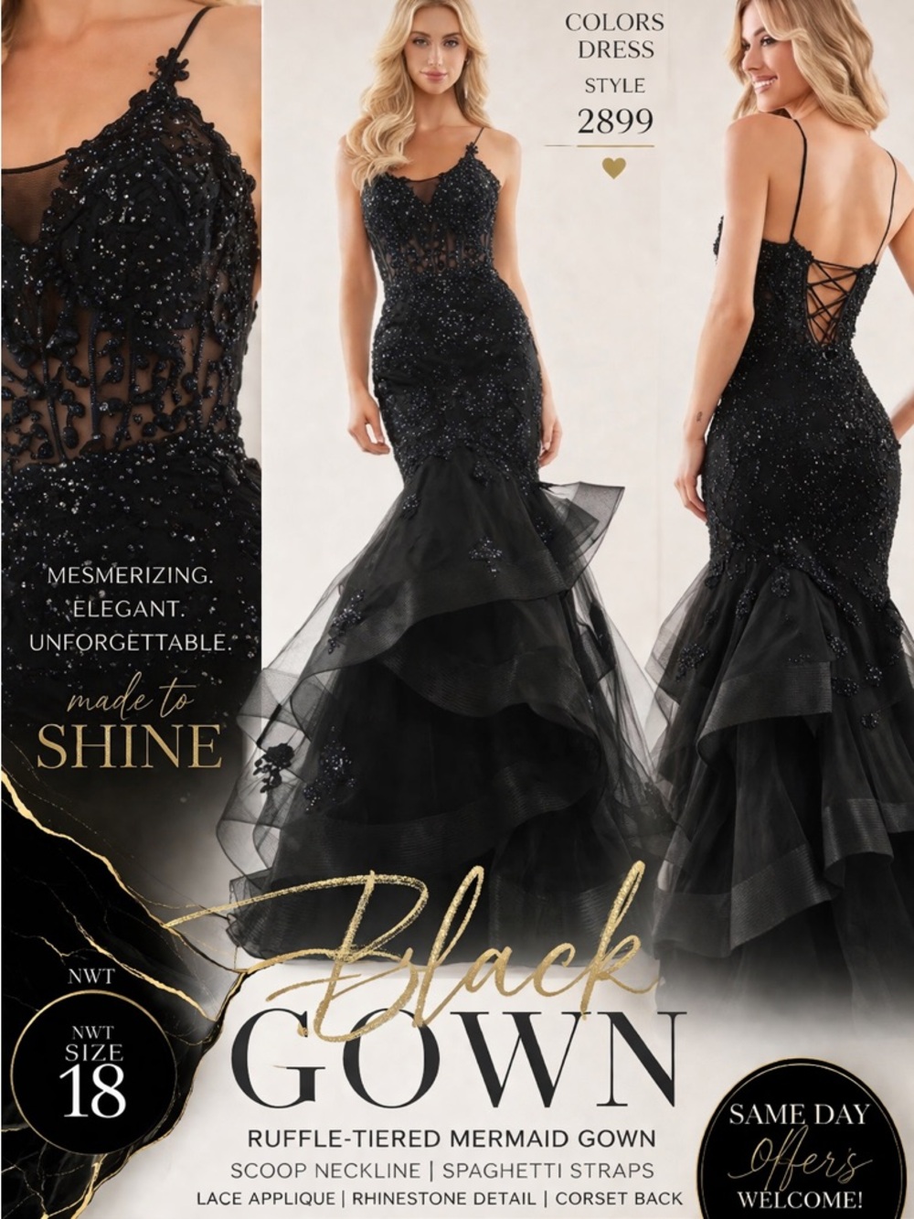 Colors 2899 Black Rhinestone Lace Corset Mermaid Gown 18 NWT Prom Formal Dress